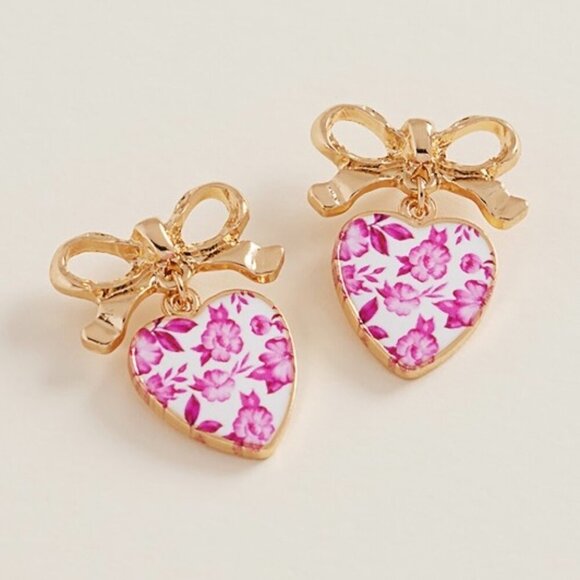 AMAYA PINK BOW HEART DROP EARRINGS - Picture 1 of 1